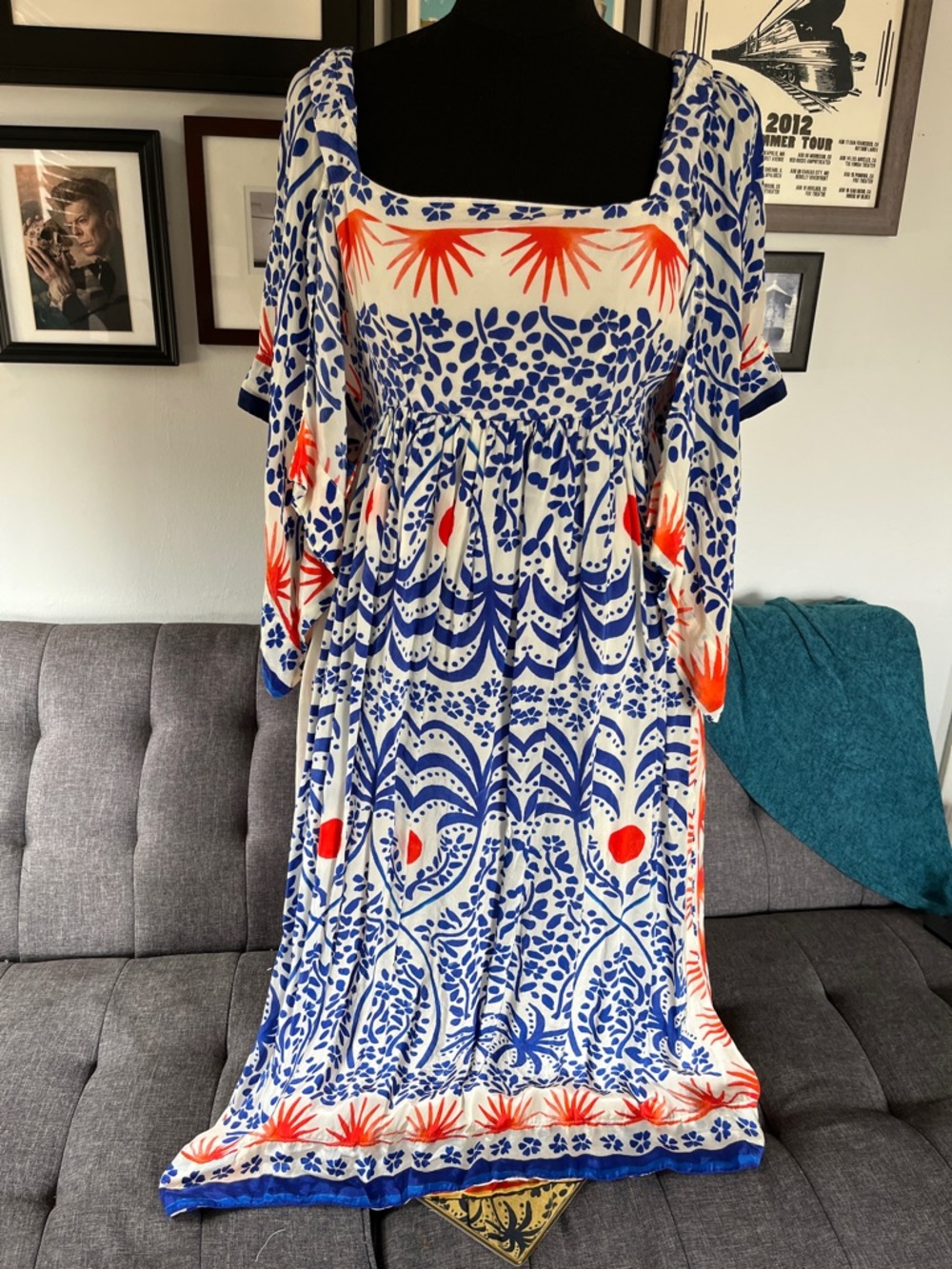 Farm Rio "Breeze" Blue & White Floral Maxi Dress with Orange Accents Size Medium - Picture 7 of 13